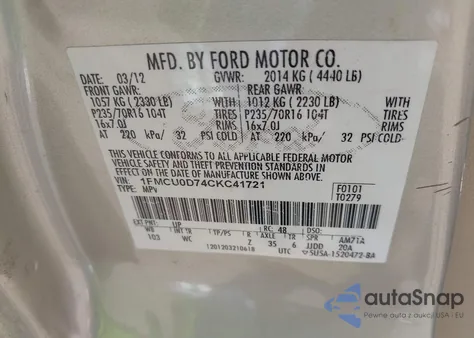 2012 Ford Escape Xlt из США, поврежденный, VIN 1FMCU0D74CKC41721